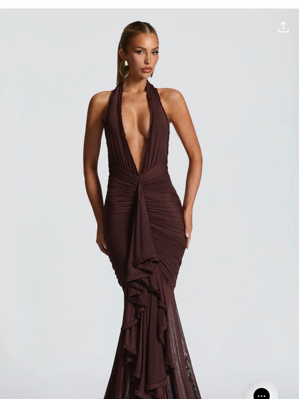 One-Shoulder Plunging Ruching Mermaid Dress in Deep Brown